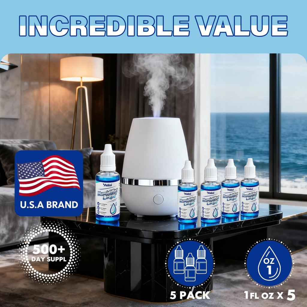 Yadool [5 Pack] Humidifier Cleaner Drops, Humidifier Water Treatment Cleaning Solution for All Makes & Models - Slows Buildup & Scaling - Deeply Cleans & Deodorizes Water - 500+ Day Supply