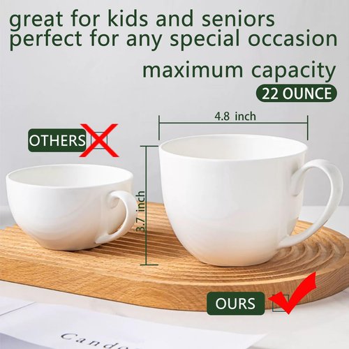 Chulan Extra Large White Bone China Cereal Mugs, 22 oz Ceramic Coffee Mug Set of 6, Latte Mugs Mocha Tea Cup, Jumbo Porcelain Soup Mugs with Big Handle for Desserts Snack, Microwave ＆ Dishwasher Safe