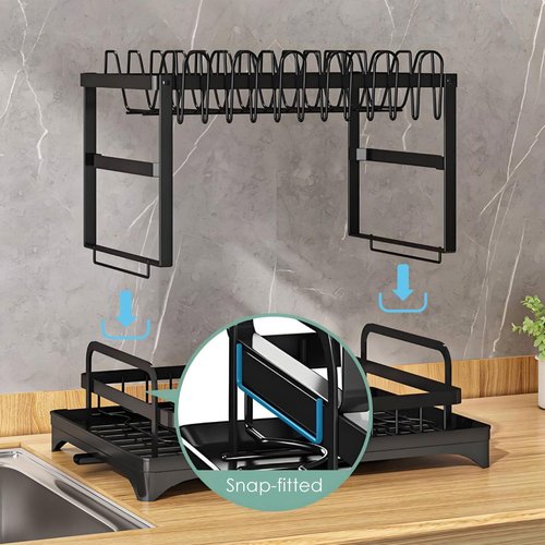 AIDERLY Dish Drying Rack for Kitchen Counter 2 Tier Iron Dish Drainer with Removable Cutlery Basket, Black