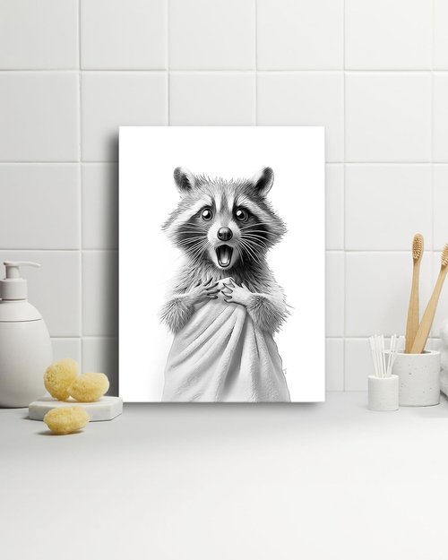 HesenDot Raccoon Wall Art - Funny Black and White Canvas Print for Bathroom | 12x16in Decor