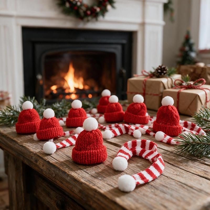 Mini Christmas Knit Hat and Scarf 20-Piece Set for Dolls, Plants & Decor