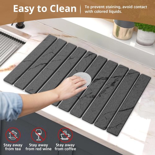 2 PCS Large Stone Dish Drying Mat for Kitchen Counter, Marbled Quick Dry Stone Dish Mats, Diatomaceous Earth Drying Pad, Foldable and Super Absorbent Dish Drying Stone Mat (Dark Gray 24"×16" & 8"×4")