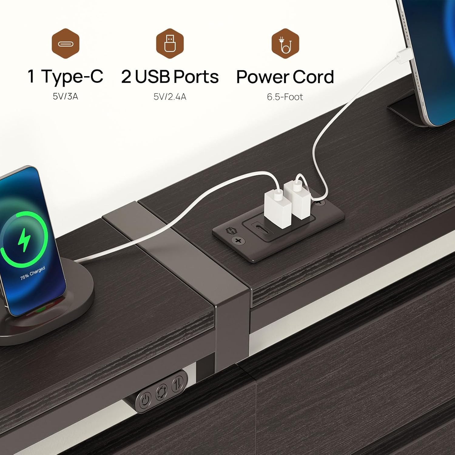Rolanstar Full Size Bed Frame - USB Charging Station & LED Wood Storage Headboard - Black Metal Design