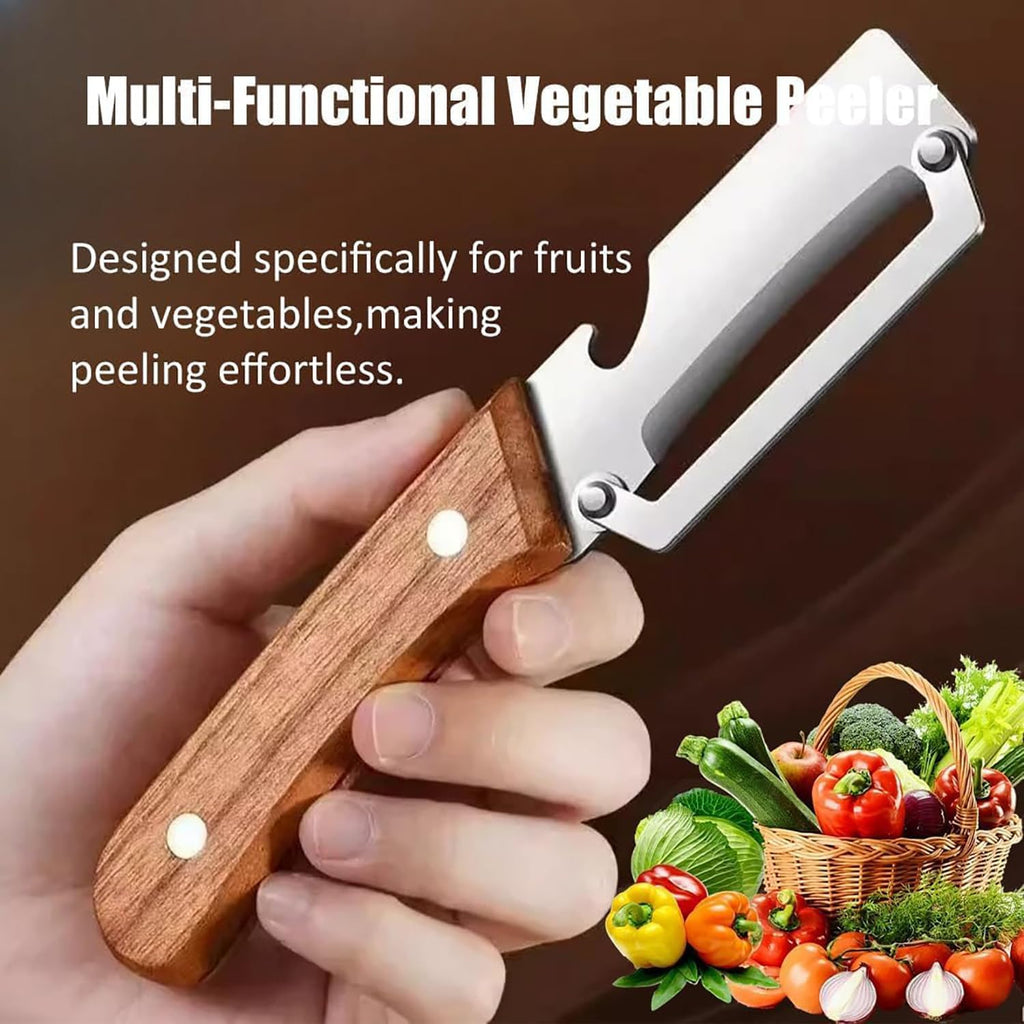 Skiennix Multi-Functional Vegetable Peeler - 2-in-1 Stainless Steel Tool with Wooden Handle & Bottle Opener