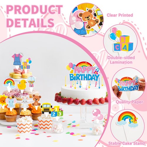 26Pcs Girls Happy Birthday Cupcake Toppers Cartoon Teacher Cupcake Picks Cartoon Girls Party Decorations Rainbow ABC Bus Double Sided Cake Decorations for Birthday Baby Shower Party Supplies