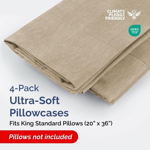 King Standard Pillow Cases Set of 4 - Soft Hotel Quality Covers for Comfy Bedding - Machine Washable Heathered Beige