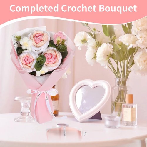 Crochet Flower Bouquet, 3 Flowers Crochet Graduation Flower Bouquet, Knitted Bouquet, Roses, Preserved Flower for Mother's Day, Valentine's Day, Birthday (pink)