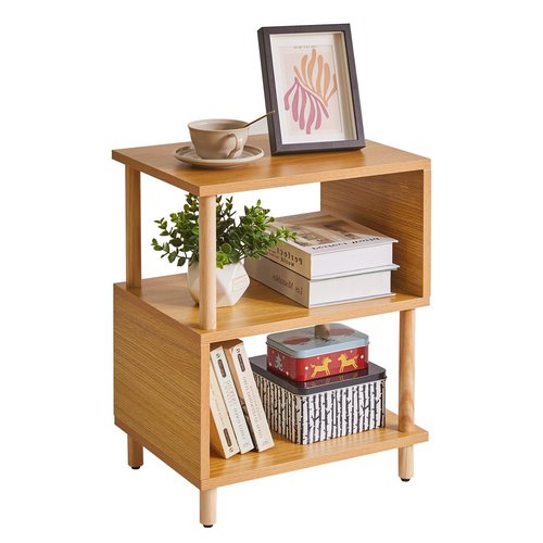 Aibiju Wooden Night Stand with Open Shelf, Nightstand with Solid Wood Legs, S-Shaped Bed Side Table 3 Tier, End Table Natural Wood YD-TM152N