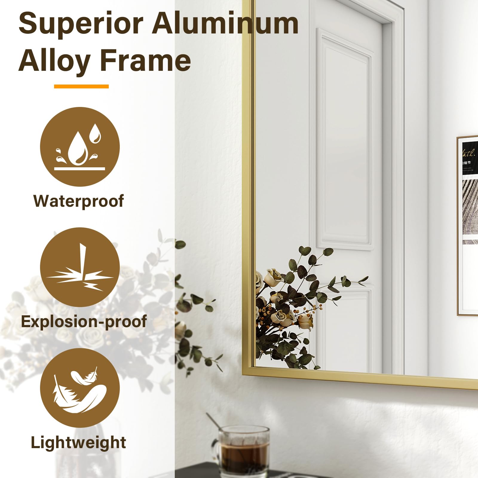 HARRITPURE 48"x30" Bathroom Mirror for Wall, Large Gold Framed Rectangle Mirror Aluminum Alloy Frame Wall-Mounted Horizontally/Vertically for Entryway/Bedroom/Vanity