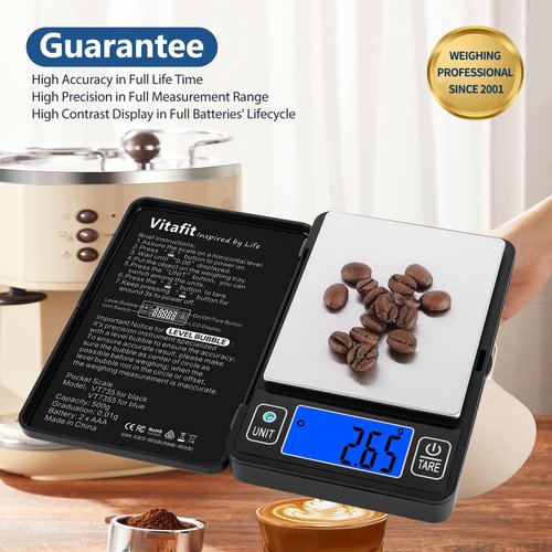 Vitafit 500g Digital Gram Scale in 0.01g, High Accuracy Assured by Built-in Level Bubble, Scale Professional Since 2001, Pocket Scale for Multi-Function: Kitchen, Food, Jewelry, Lab, Coffee, Black