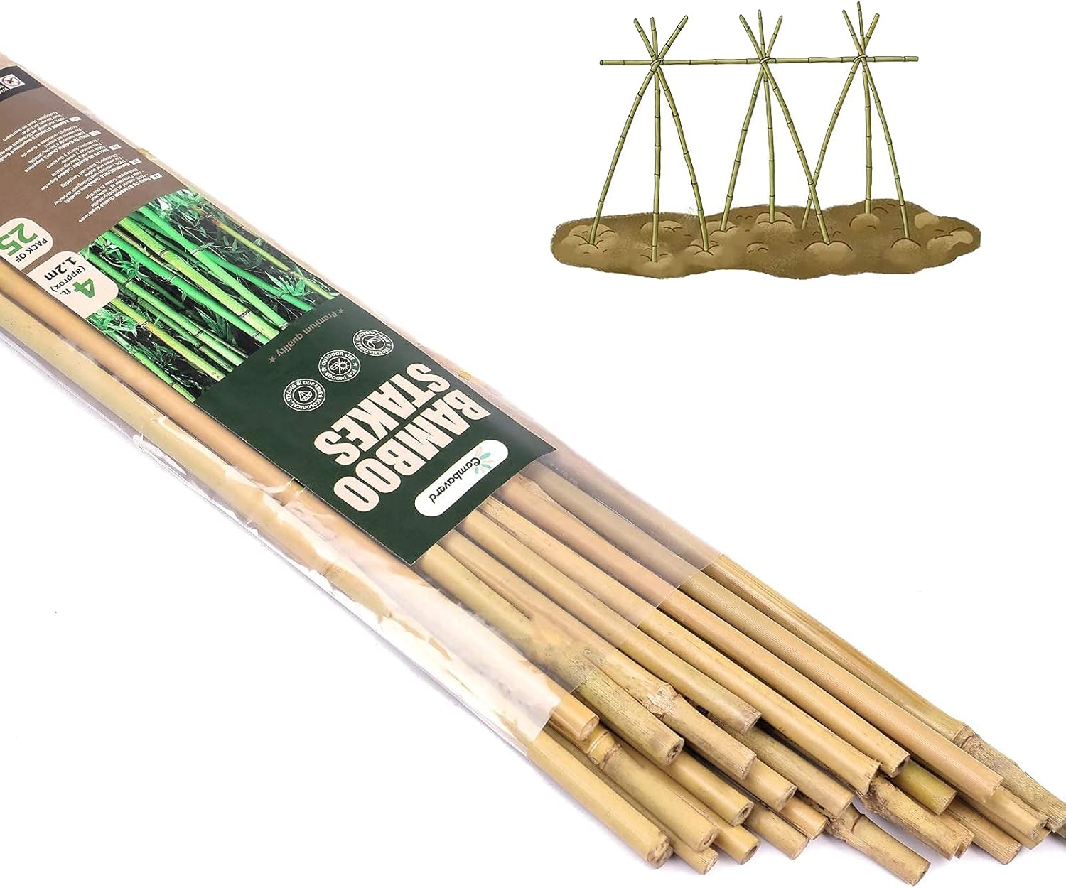 Cambaverd Bamboo Stakes - 4ft Natural Plant Support for Tomatoes & Climbing Plants | 25 Pack