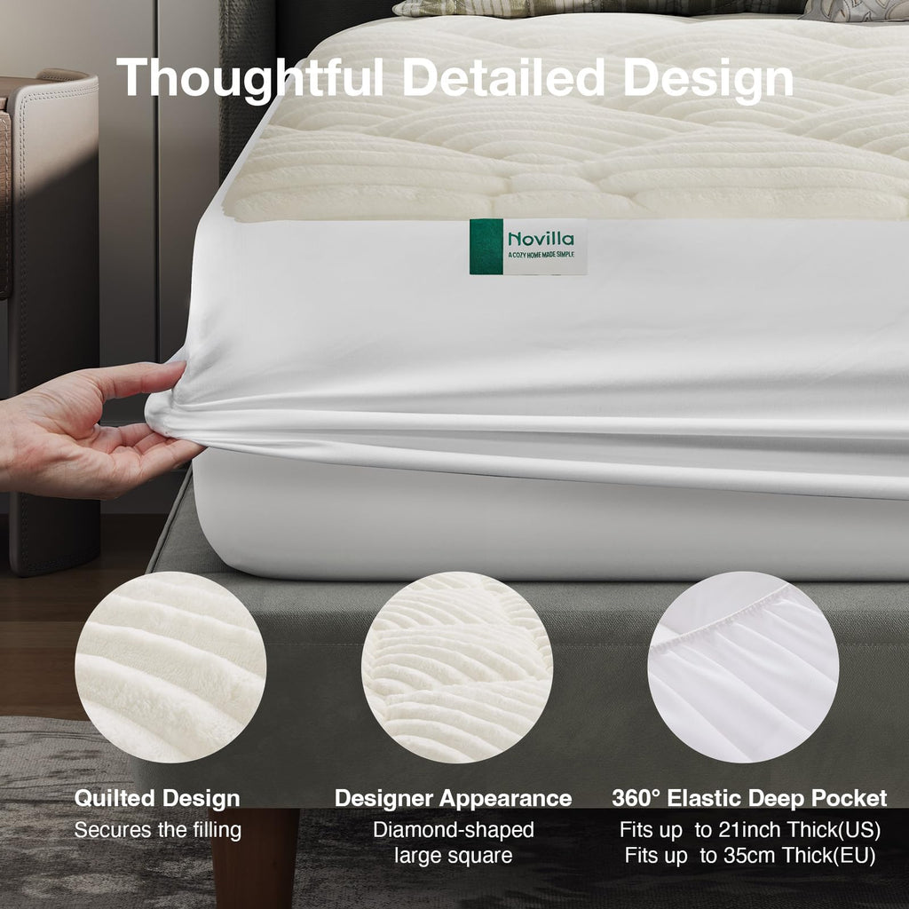 Novilla Fleece Mattress Topper Queen, Warm Sherpa Mattress Pad, Cloud-Like Soft Bed Cover for Winter, Deep Pocket fits up to 21", Machine Washable