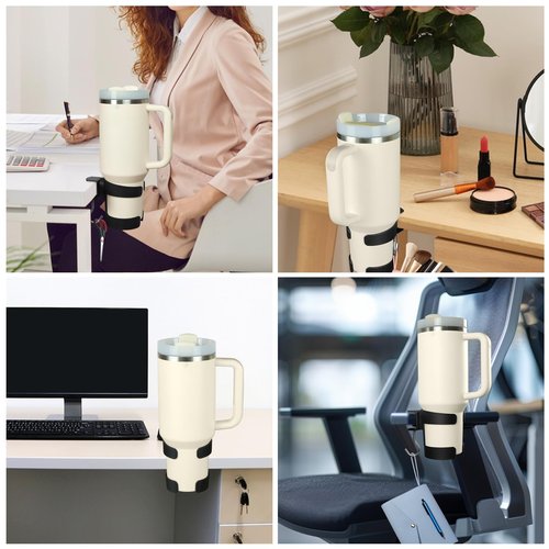 VEAQEE Desk Cup Holder, 2-in-1 Cup Holder for Desk Compatible with Stanley,Sinple Midern, Hydroflask, Owala, Adjustable Anti-Spill Tumbler Organizer with Hook for Home Office and School