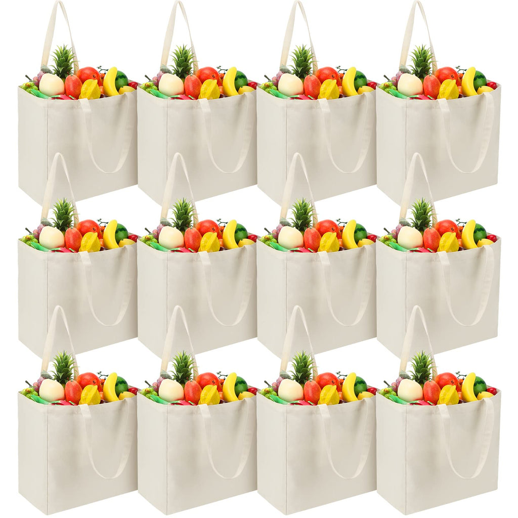 Reginary 12 Pack Canvas Grocery Bag Large Blank Shopping Tote Bags Reusable Pouches Bulk with Handle, 14 x 14 x 7.9'' (White)