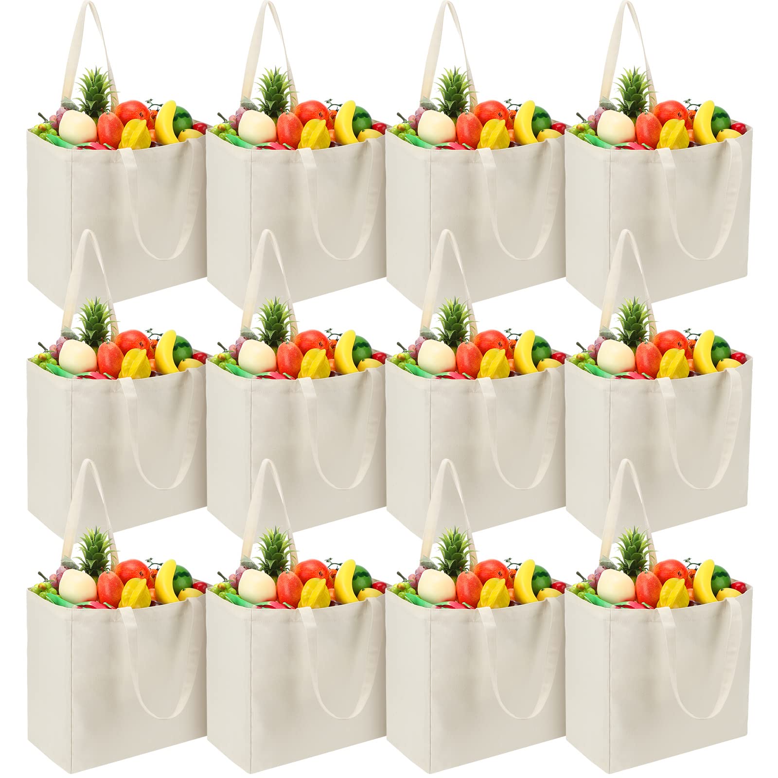 Reginary 12 Pack Canvas Grocery Bag Large Blank Shopping Tote Bags Reusable Pouches Bulk with Handle, 14 x 14 x 7.9'' (White)