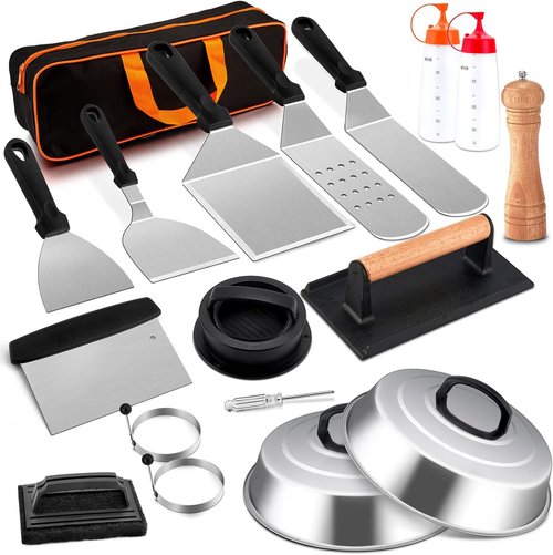 Joyfair Griddle Accessories Kit - 18-Piece Stainless Steel Tool Set for Blackstone | BBQ Spatula, Basting Cover & Burger Press