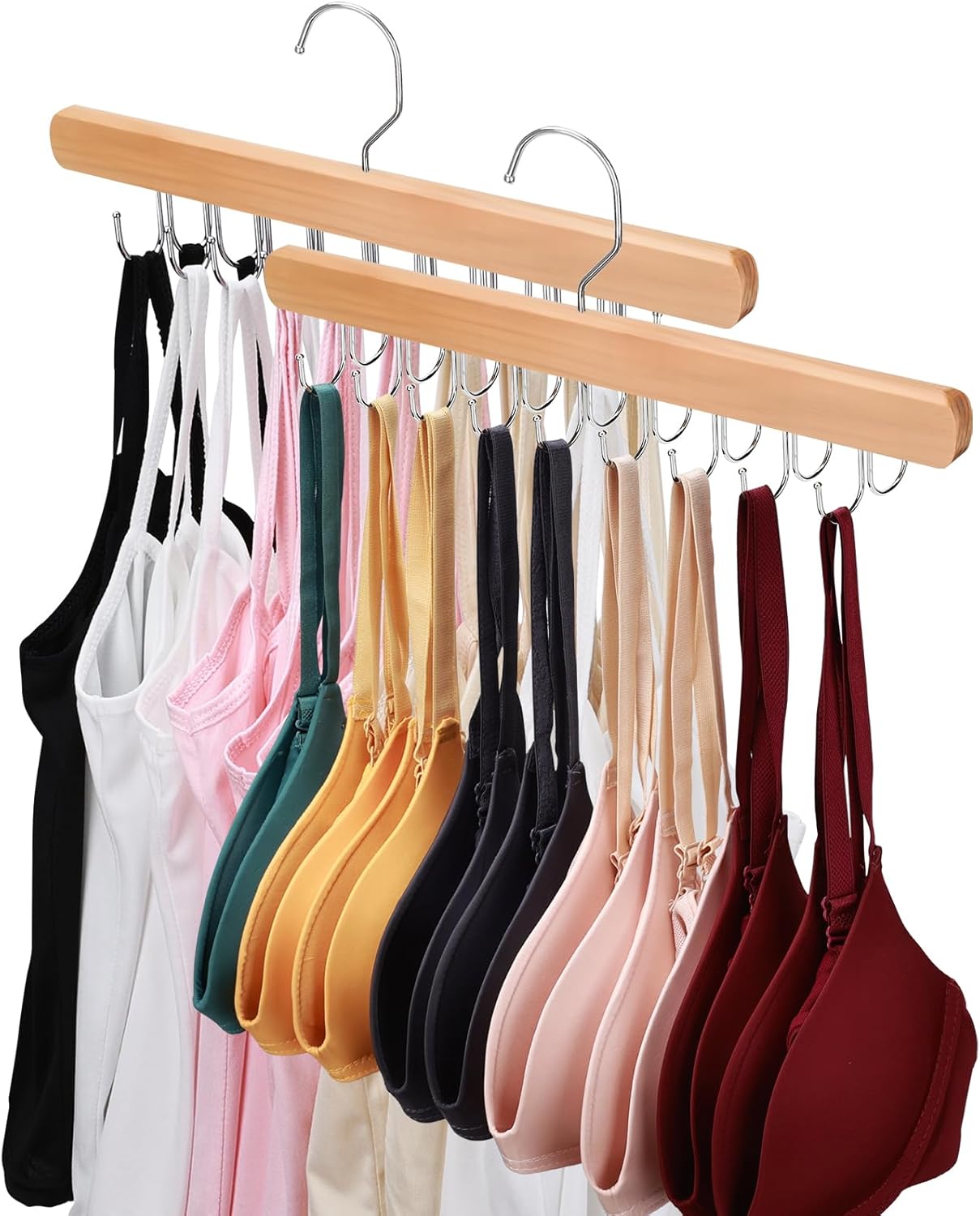NECAMOCU Bra Hanger - Premium Wooden Closet Organizer with 36 Foldable Hooks | Space-Saving Design