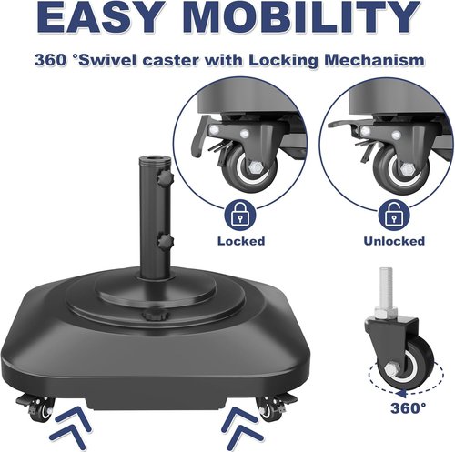 Heavy Duty Patio Umbrella Base by [Brand Name] - Fillable 100lb Stand with Wheels | Windproof Outdoor Holder for Deck, Poolside, Lawn