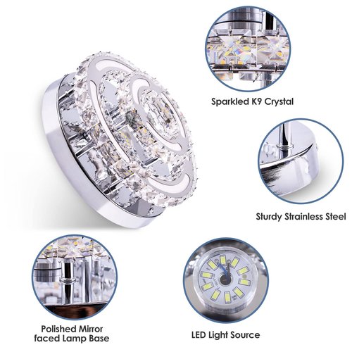 CXGLEAMING Modern Crystal Chandelier LED Flush Mount Ceiling Light Fixture 11.4" Round Small Crystal Ceiling Lights for Bedroom Kitchen Hallway (Cool White)
