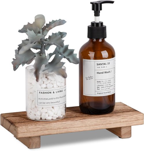Farmhouse Decor Bathroom Tray - Wooden Pedestal Stand for Soap Display | 8.7 x 3.6 Inches, Brown