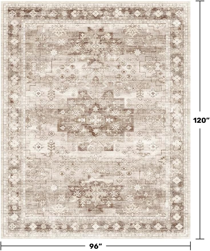 Skiennix Washable Area Rug - Large 8x10 Boho Vintage Floral Design | Stain Resistant & Non-Slip (Beige/Latte)