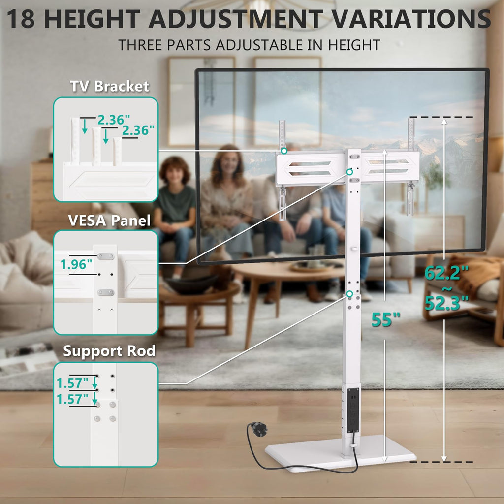 WALI Floor TV Stand with Power Outlet, Tall TV Stand Mount for 32-75 inch TVs up to 110 lbs, Swivel and Height Adjustable TV Stands with Wood Base for Bedroom, Office(TVDVD-7PW), White