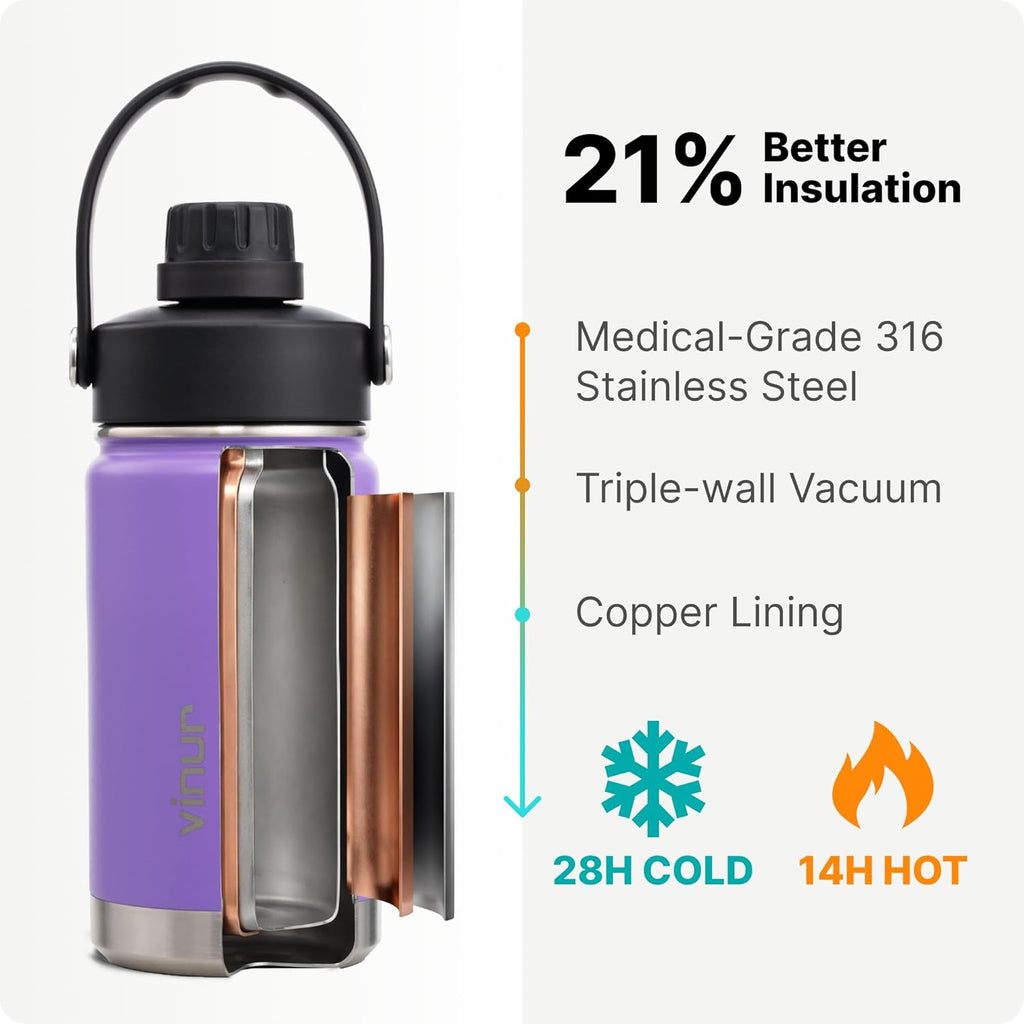 VINUR 12 oz Kids Stainless Steel Water Bottle - Vacuum Insulated, Leakproof Spout Lid, Purple