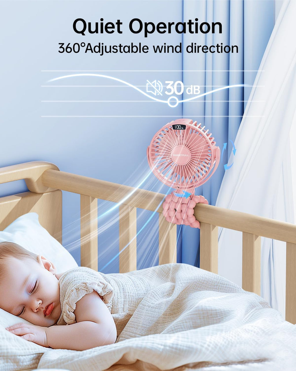 Sweetfull Portable Stroller Fan - 4-Speed Rechargeable Mini Clip-On Fan with LED Display | 360° Rotation (Pink)