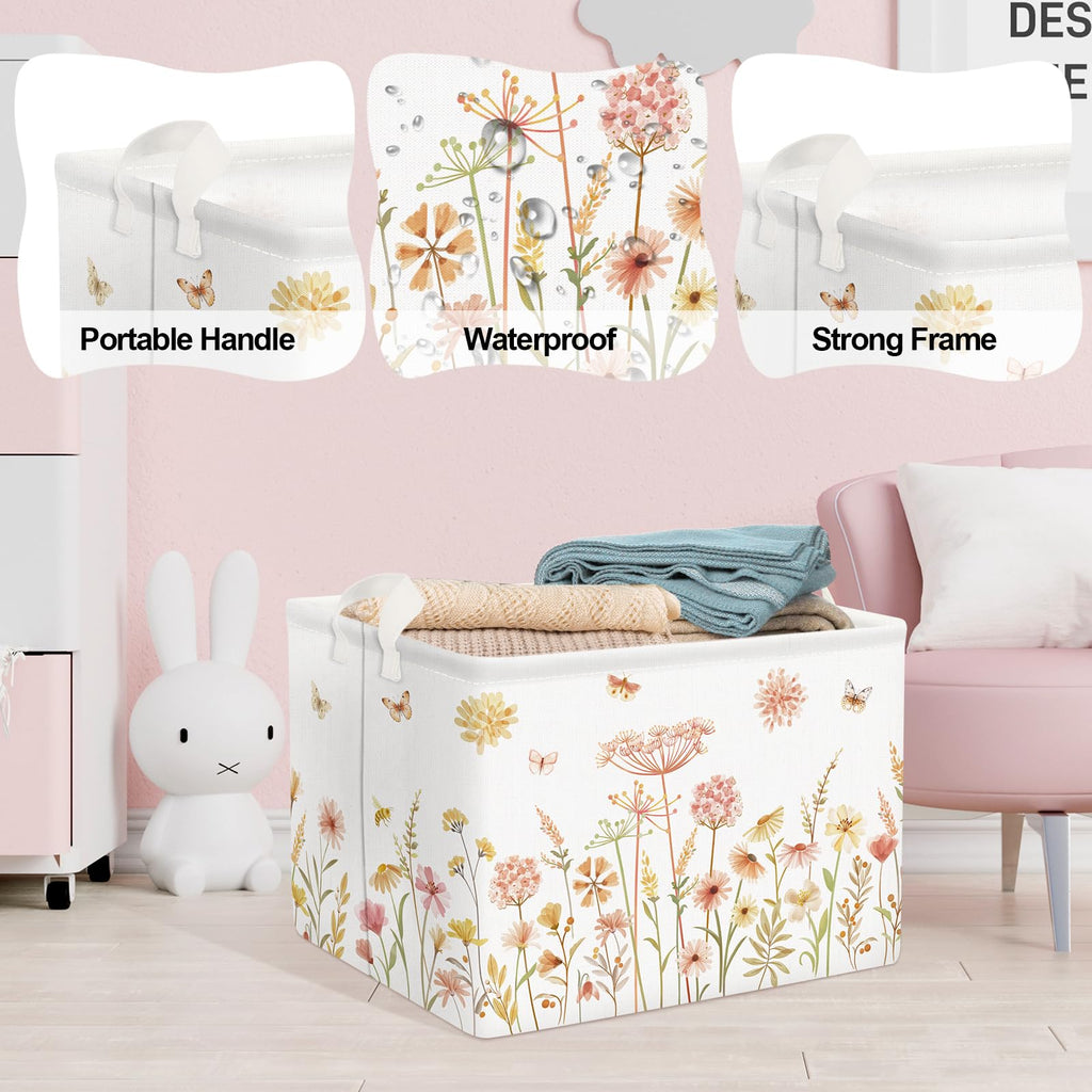 Clastyle Boho Flower Nursery Bin Spring Summer Wildflower Floral Dandelion Plant Butterfly Baby Girl Gift Basket Rectangle Clothes Towel Basket Book Toy Chest