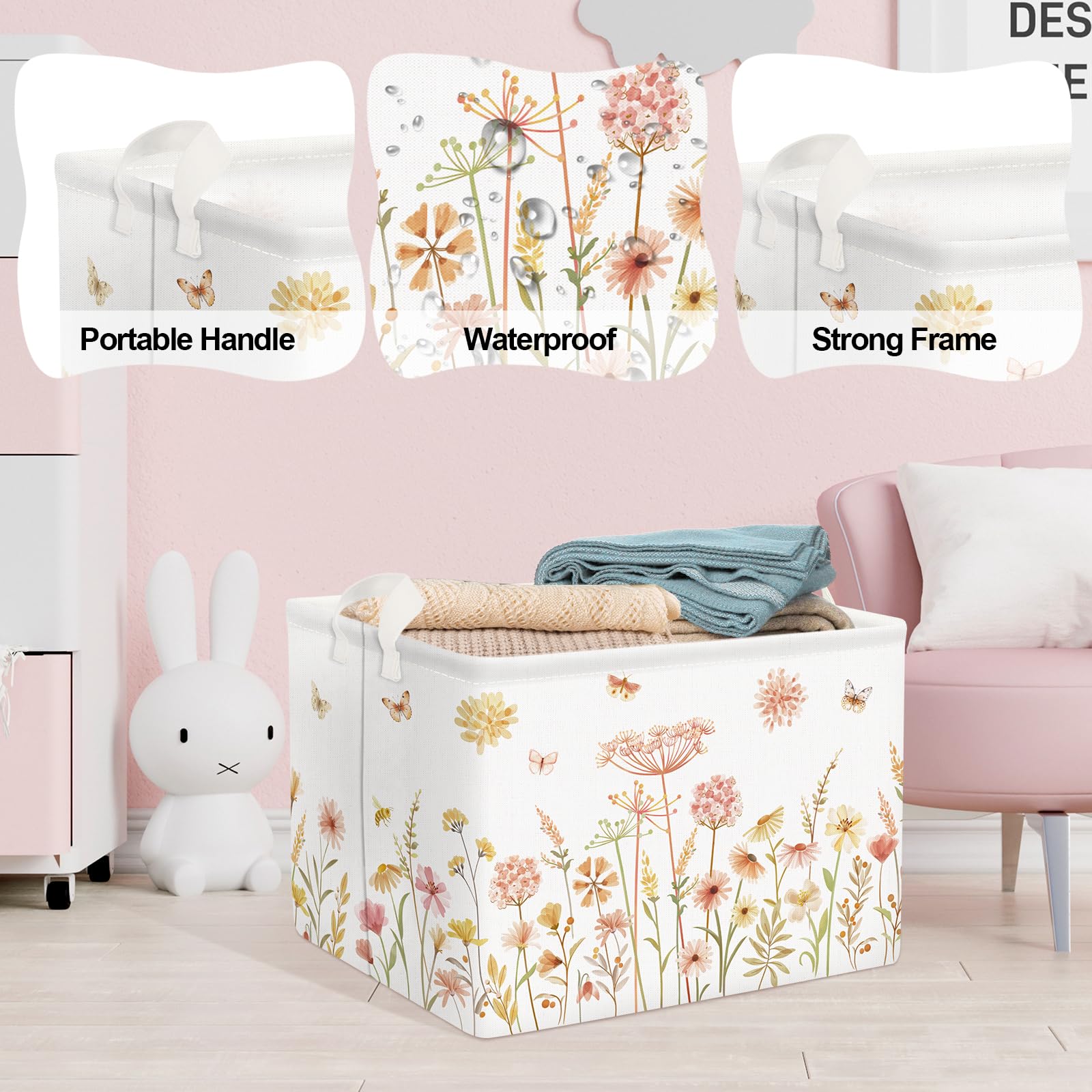 Clastyle Boho Flower Nursery Bin Spring Summer Wildflower Floral Dandelion Plant Butterfly Baby Girl Gift Basket Rectangle Clothes Towel Basket Book Toy Chest