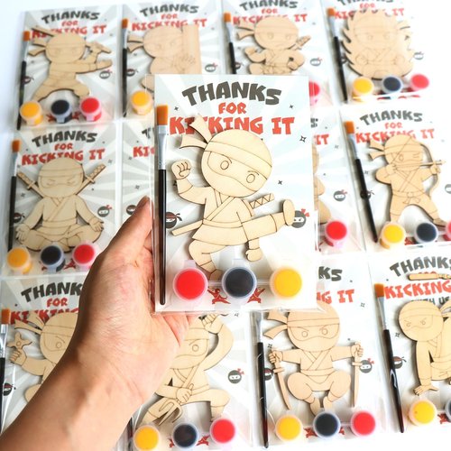 12 Pack Ninja Party Favors for Kids - Individually Wrapped Paint Your Own Wooden Magnet Craft Kits with Thank You Card, Stealthy Birthday Decorations for Boys & Girls