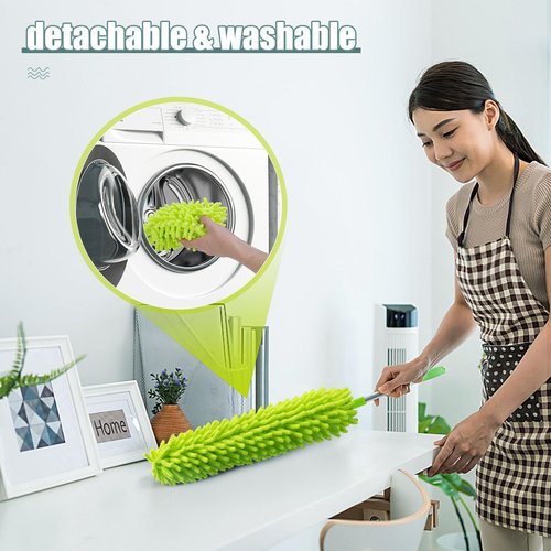 Microfiber Duster with Extension Pole 30 to 100'', Bendable Reusable Washable Feather Dusters for Cleaning High Ceiling Fan, Cobweb, Blinds, Keyboard, Furniture & Cars, Green Gift for Women (11 PCS)