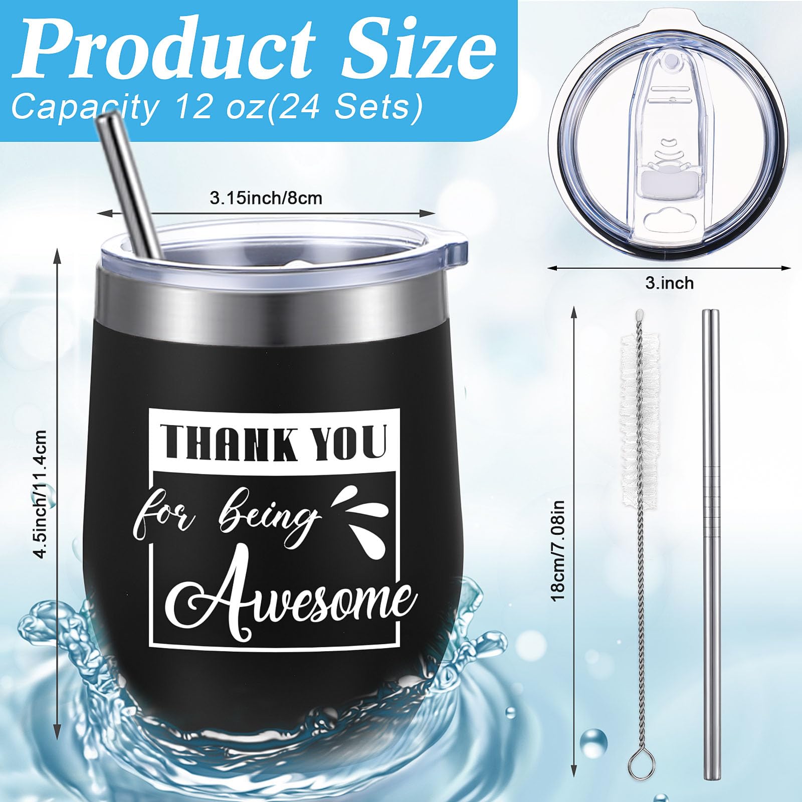 Sieral Thank You Gifts Thank You for Being Awesome Wine Tumbler Employee Appreciation Gifts for Women Men Coworkers Friend Stainless Steel Insulated Tumbler with Straw(Black,24 Pcs)