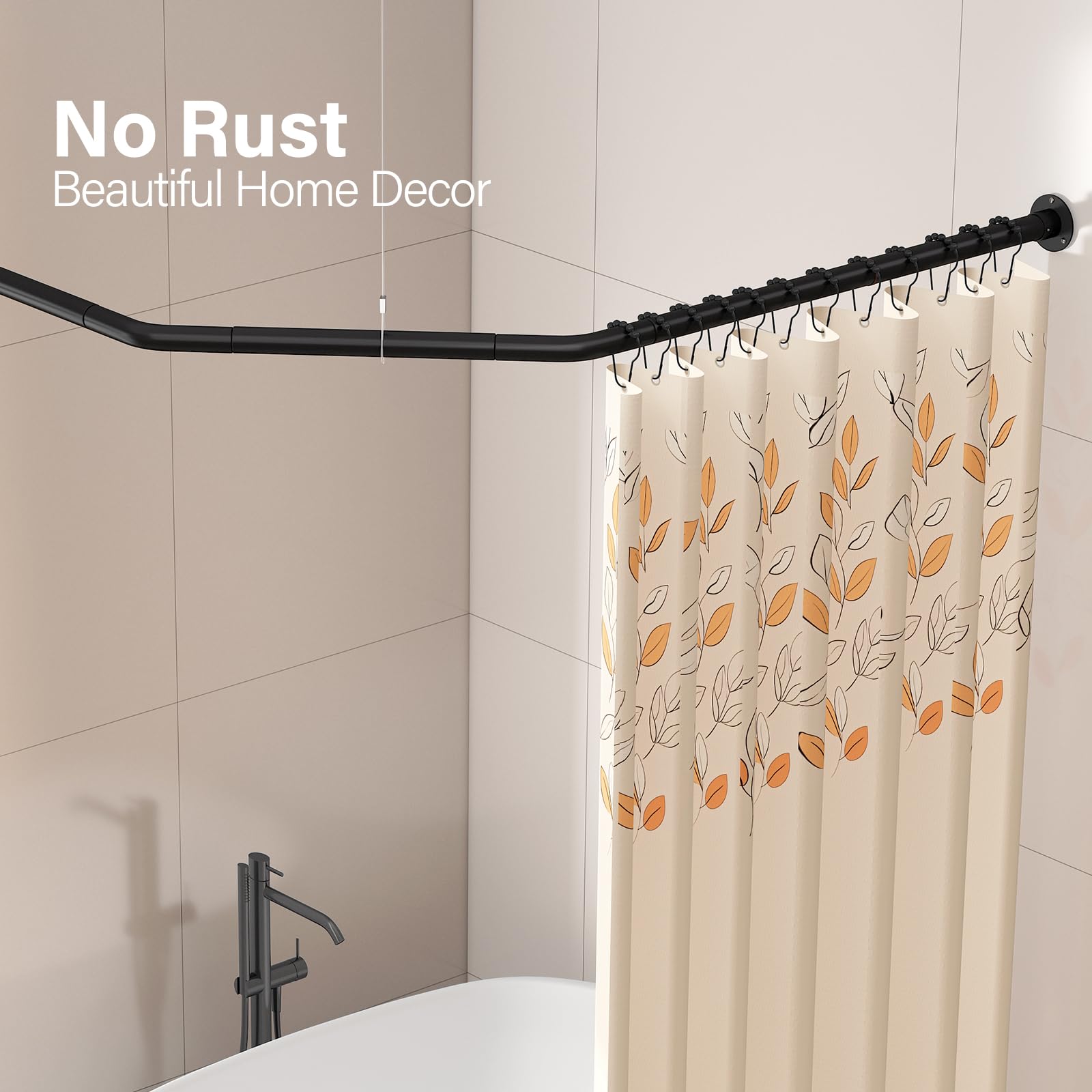 Yampos Diamond Shaped Corner Shower Curtain Rod, [Both Sides: 22"-34.8", Middle: 28"-43.7"] Adjustable Heavy Duty Angled Shower Curtain Pole for Bathroom with 12 Hooks & Ceiling Support - Matte Black