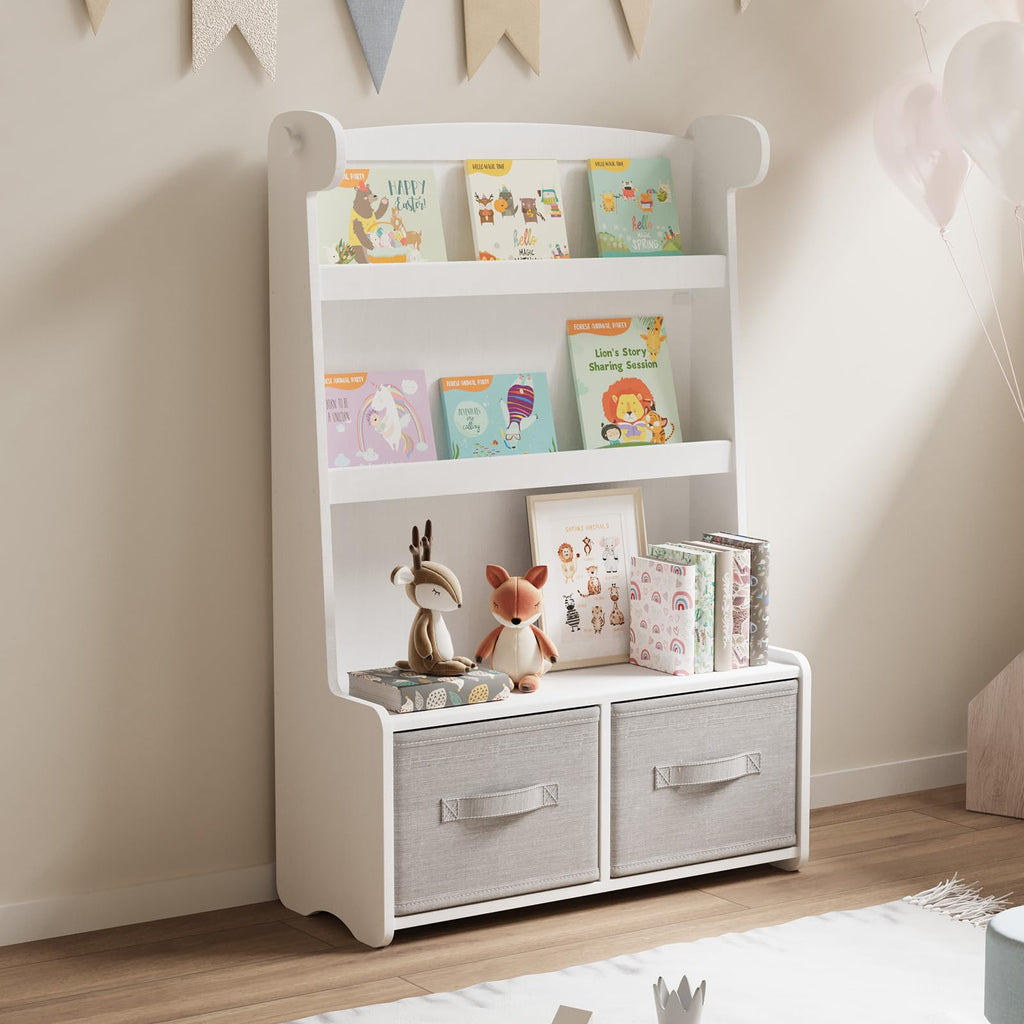 WISUCART Kids Bookshelf and Toy Storage Organizer, 3 Tier Bamboo Todders Book Shelf Large Book Rack for Child Room Playroom Nursery for Kids, Children, Toddlers (White)