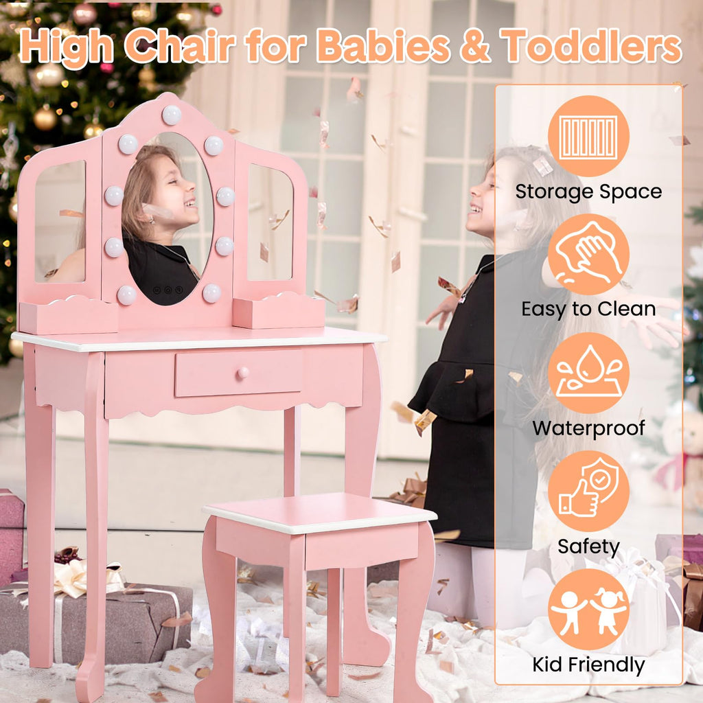 Garvee Kids Vanity with Lighted Mirror, Little Girls Vanity Table & Stool, Kids Makeup with Tri-Fold Mirror, Drawer & Storage Grid for 3-9 Yrs Girls, Pink