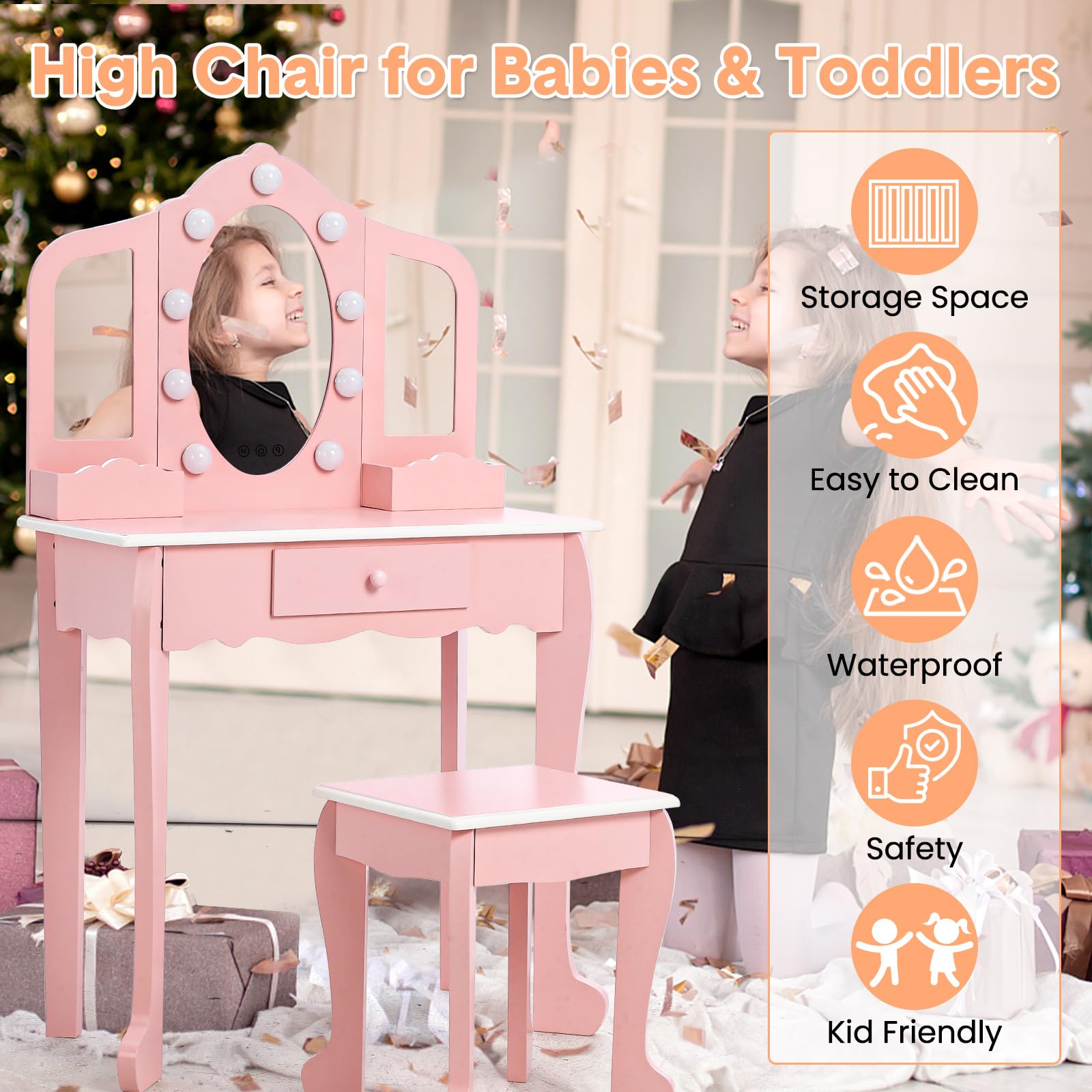 Garvee Kids Vanity with Lighted Mirror, Little Girls Vanity Table & Stool, Kids Makeup with Tri-Fold Mirror, Drawer & Storage Grid for 3-9 Yrs Girls, Pink