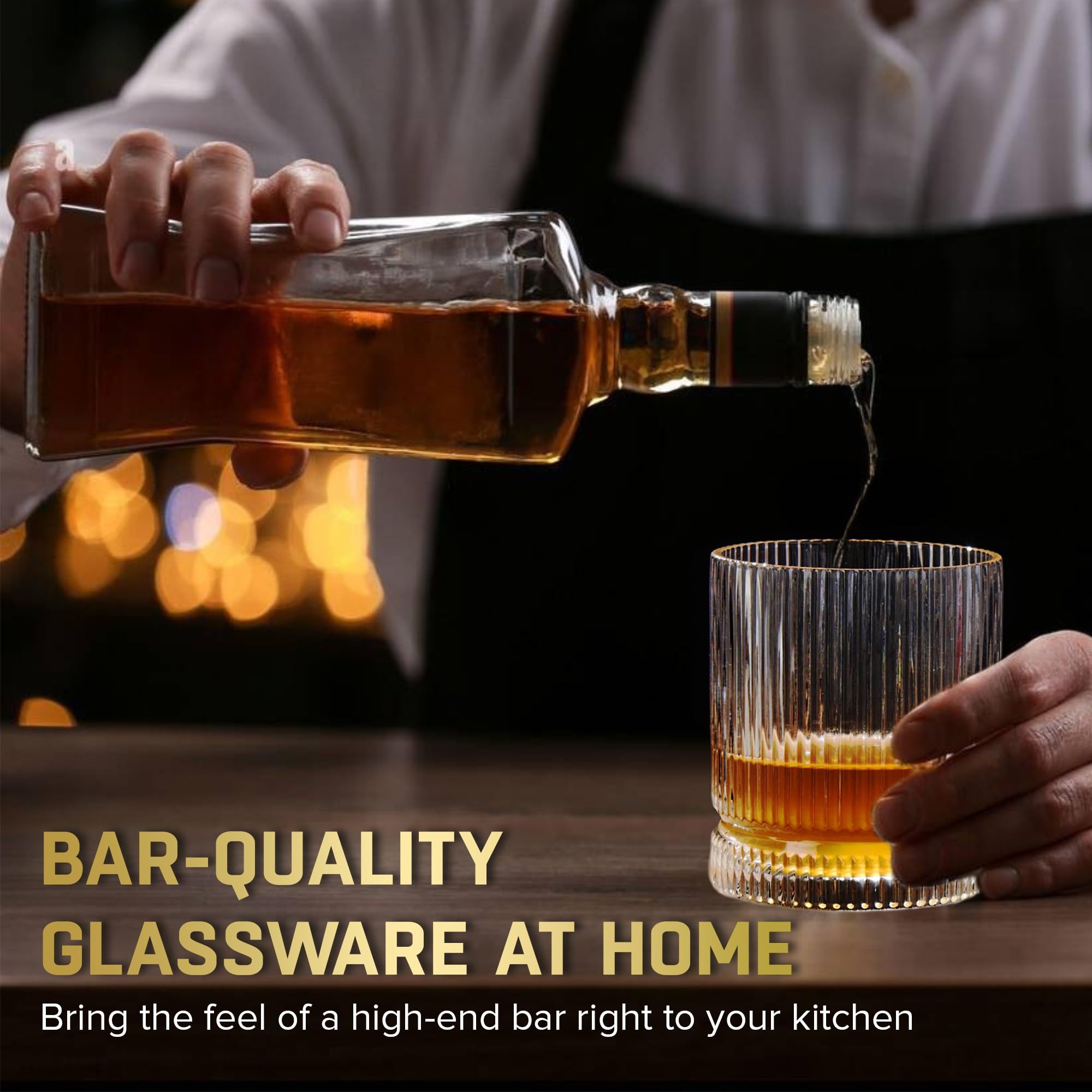 VUNDO Ribbed Whiskey Glasses Set of 8, 12 Oz Lead-Free Crystal Heavy Base Barware Glass, Perfect for Bourbon Rocks Cocktail Scotch Drinking