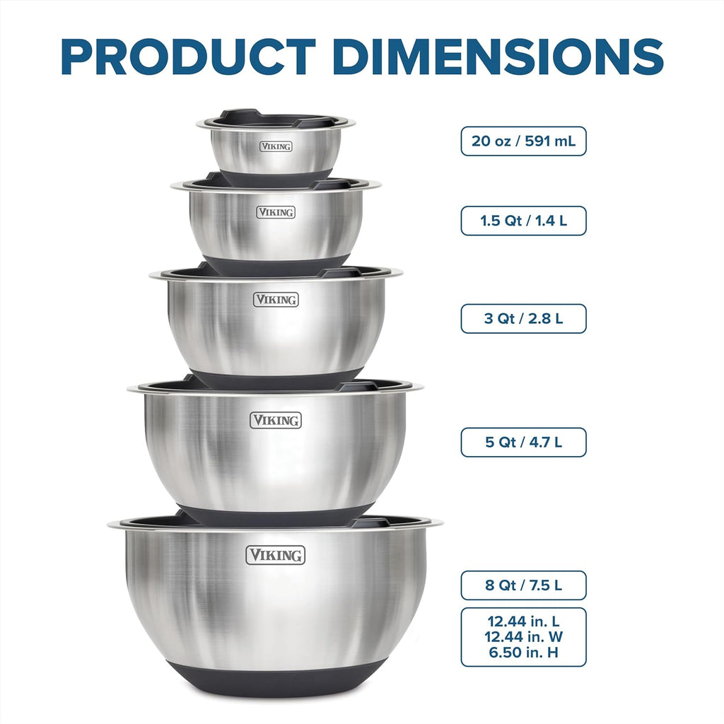 Viking 10-Piece Stainless Steel Mixing Bowls Set - Non-Slip Silicone Base & Tight Fit Lids | Dishwasher Safe, Black