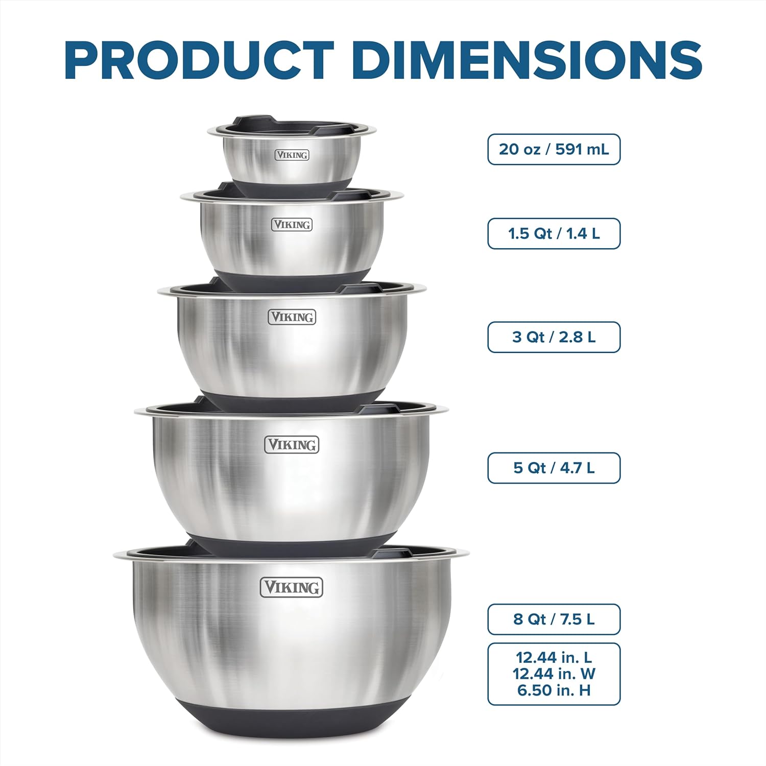 Viking 10-Piece Stainless Steel Mixing Bowls Set - Non-Slip Silicone Base & Tight Fit Lids | Dishwasher Safe, Black