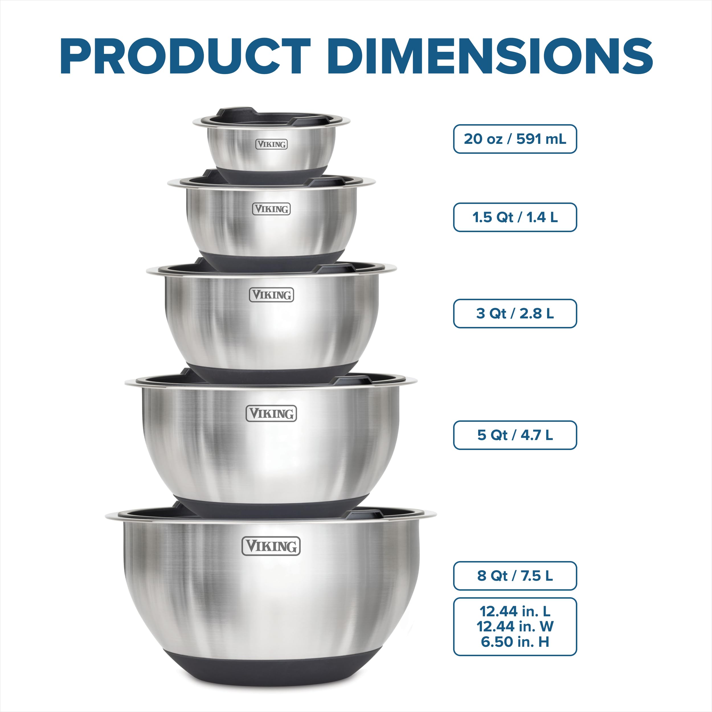 Viking Mixing Bowls Set, 10 Piece Stainless Steel Kitchen Cookware, Non-Slip Silicone Base, Includes Tight Fit Lids, Dishwasher Safe, Black