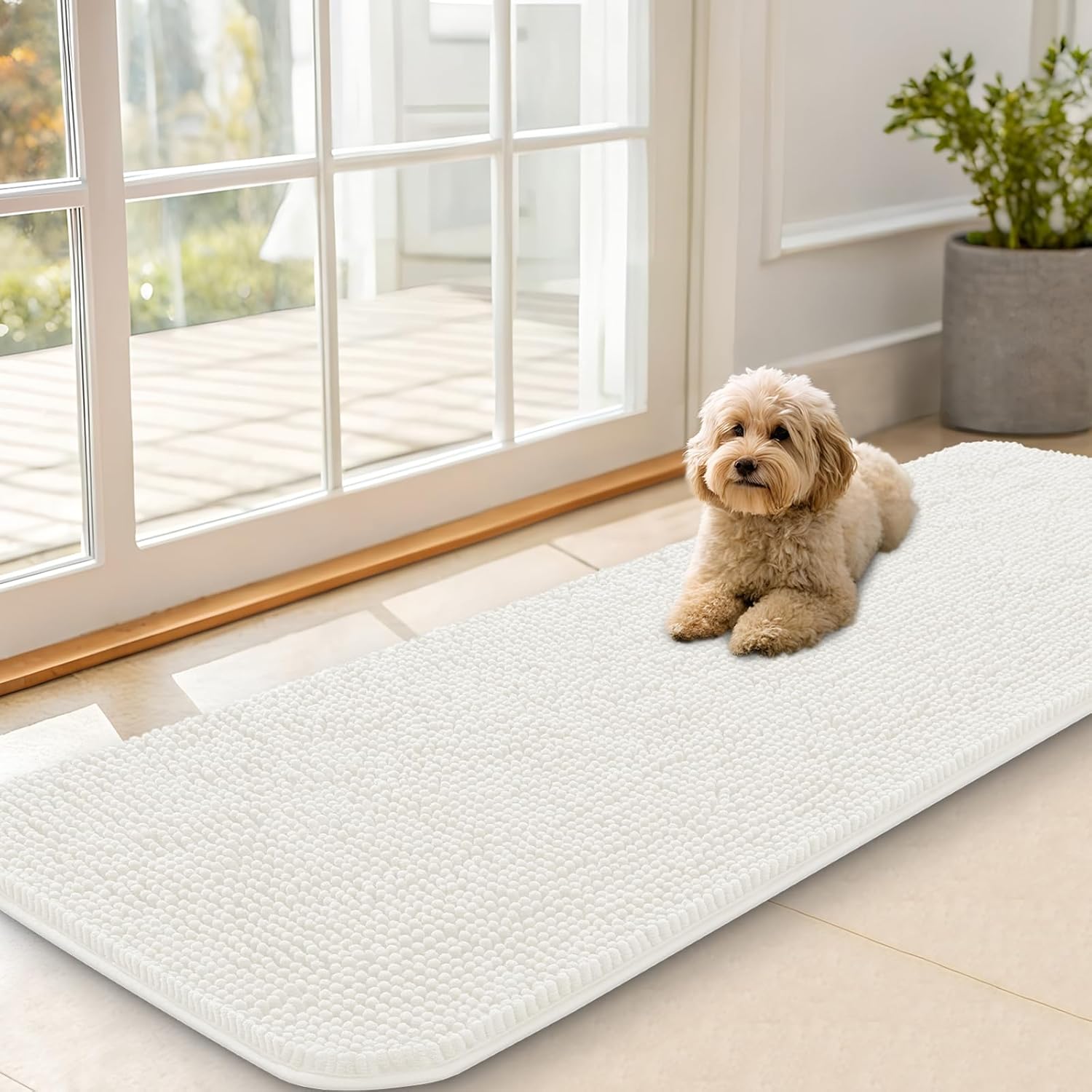 OLANLY Dog Door Mat - Absorbent Non-Slip Mud Mat for Indoor Use | Quick Dry Chenille, 59x20, Ivory