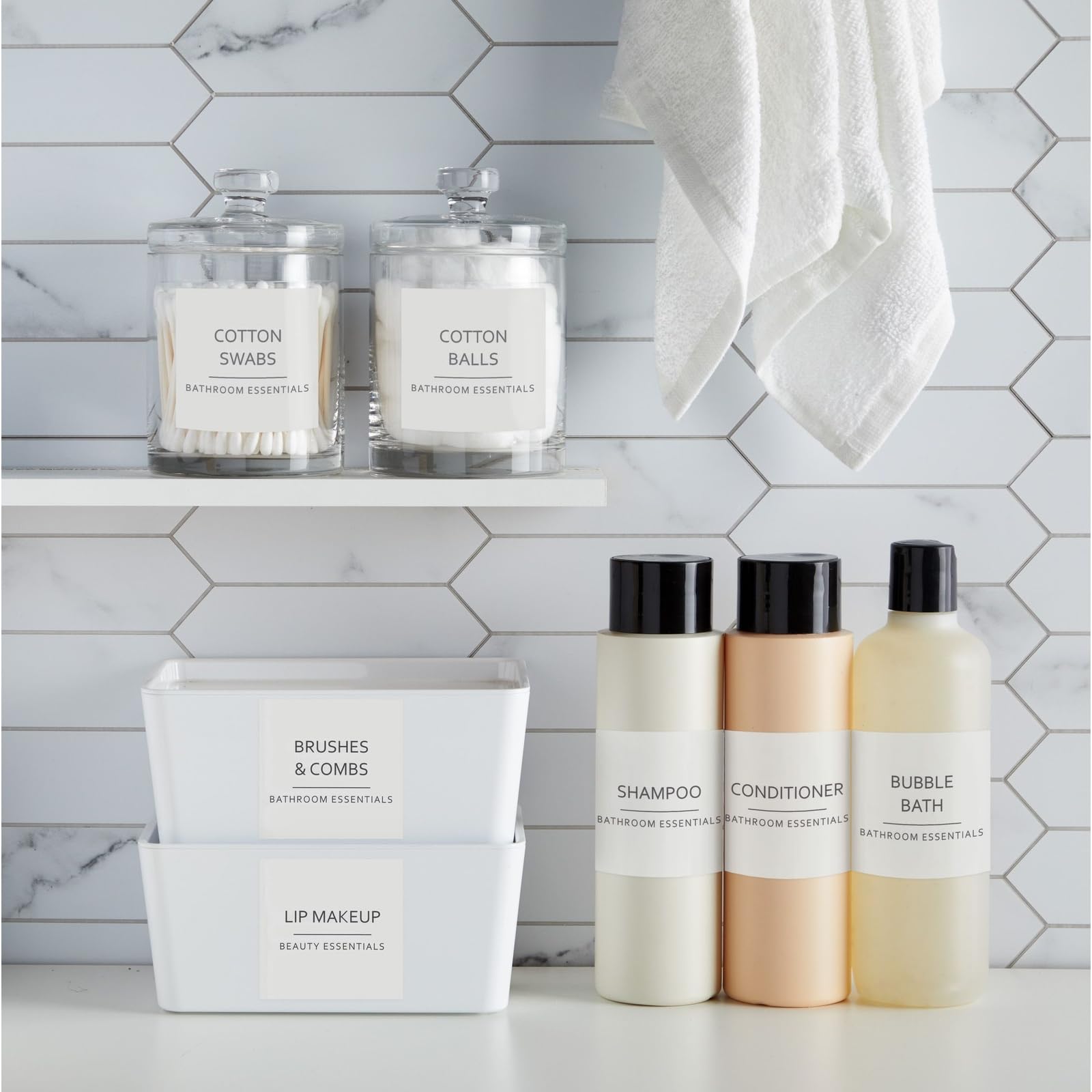 Talented Kitchen Minimalist Bathroom Labels for Organizing - 174 Labels, 2.5" x 2.5" & 2.5" x 0.75", Black on White - Stickers for Jars & Bottles - Water-Resistant for Medicine Cabinet