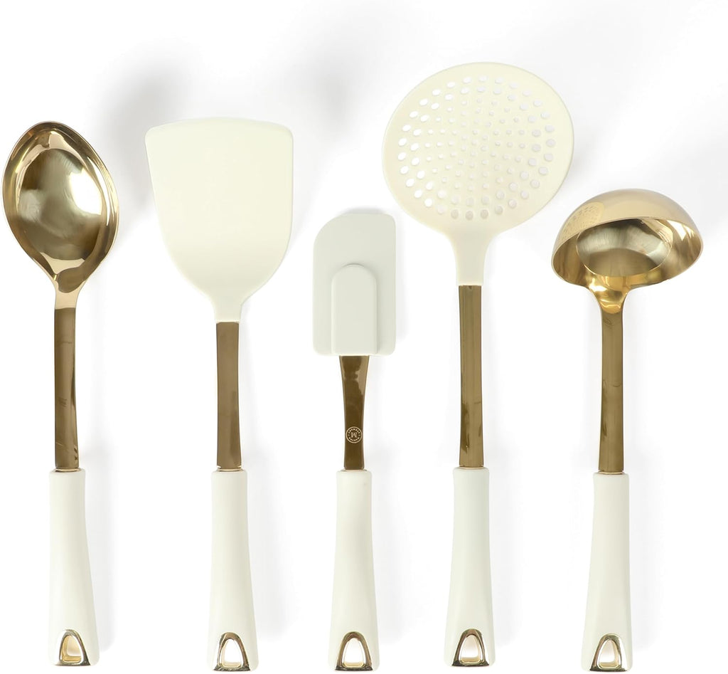 Martha Stewart Lockton 5-Piece Kitchen Tool Set - Durable Stainless Steel & Nylon Utensils with Linen Handles and Gold Accents