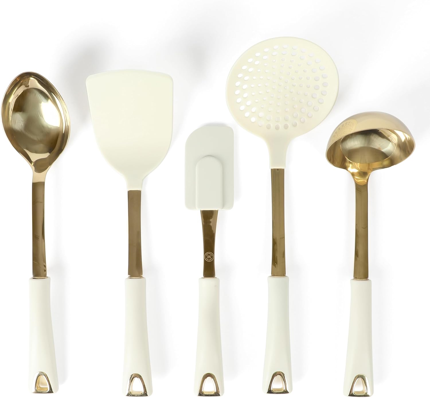 Martha Stewart Lockton 5-Piece Kitchen Tool Set - Durable Stainless Steel & Nylon Utensils with Linen Handles and Gold Accents