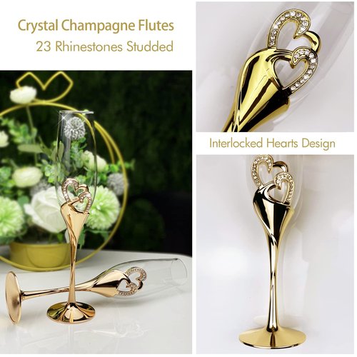 Parihy Wedding cake cutting set, Gold Wedding Champagne Fluteswith Twin Heart Base and Rhinestone Detailing, Toasting Glasses for Couple Bride and Groom, Cake Cutting Set of 6