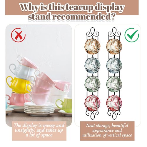 Blulu 2 Pcs Wall Mounted Tea Cup & Saucer Display Rack, 4-tier Metal Mug Holder with Plate Hangers, Decorative Wall Storage for Kitchen, Gift&Coffee Bar Display, 36'' x 5'' (Black)