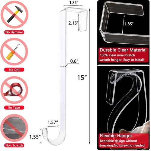 Clear Wreath Hanger Hooks - 15-Inch Non-Scratch Over The Door Hooks | 2 Pack for Fall & Christmas Decor