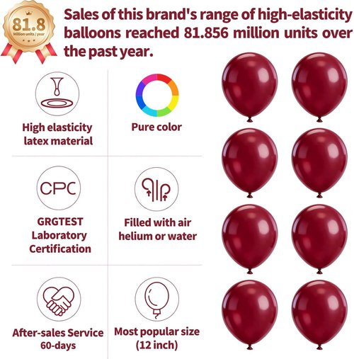 Burgundy Red Balloons - 12 Inch Latex Balloons for Birthday Party, Baby Shower & Wedding | 110pcs with Ribbons