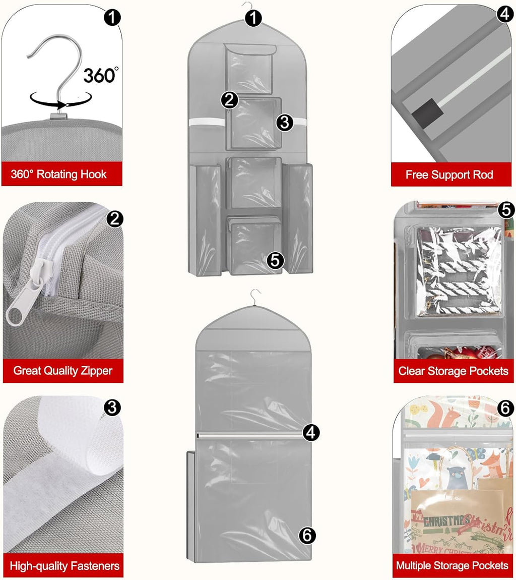 Woodoulogy Gift Wrapping Paper Storage Bag - Extra Large 48x24 Grey Double-Sided Organizer for Christmas